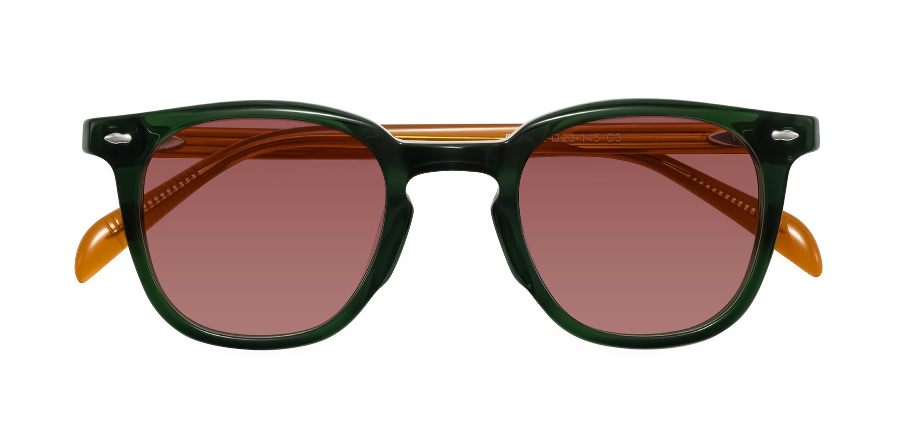 Folded Front of Palu in Emerald Green/Honey with Garnet Tinted Lenses