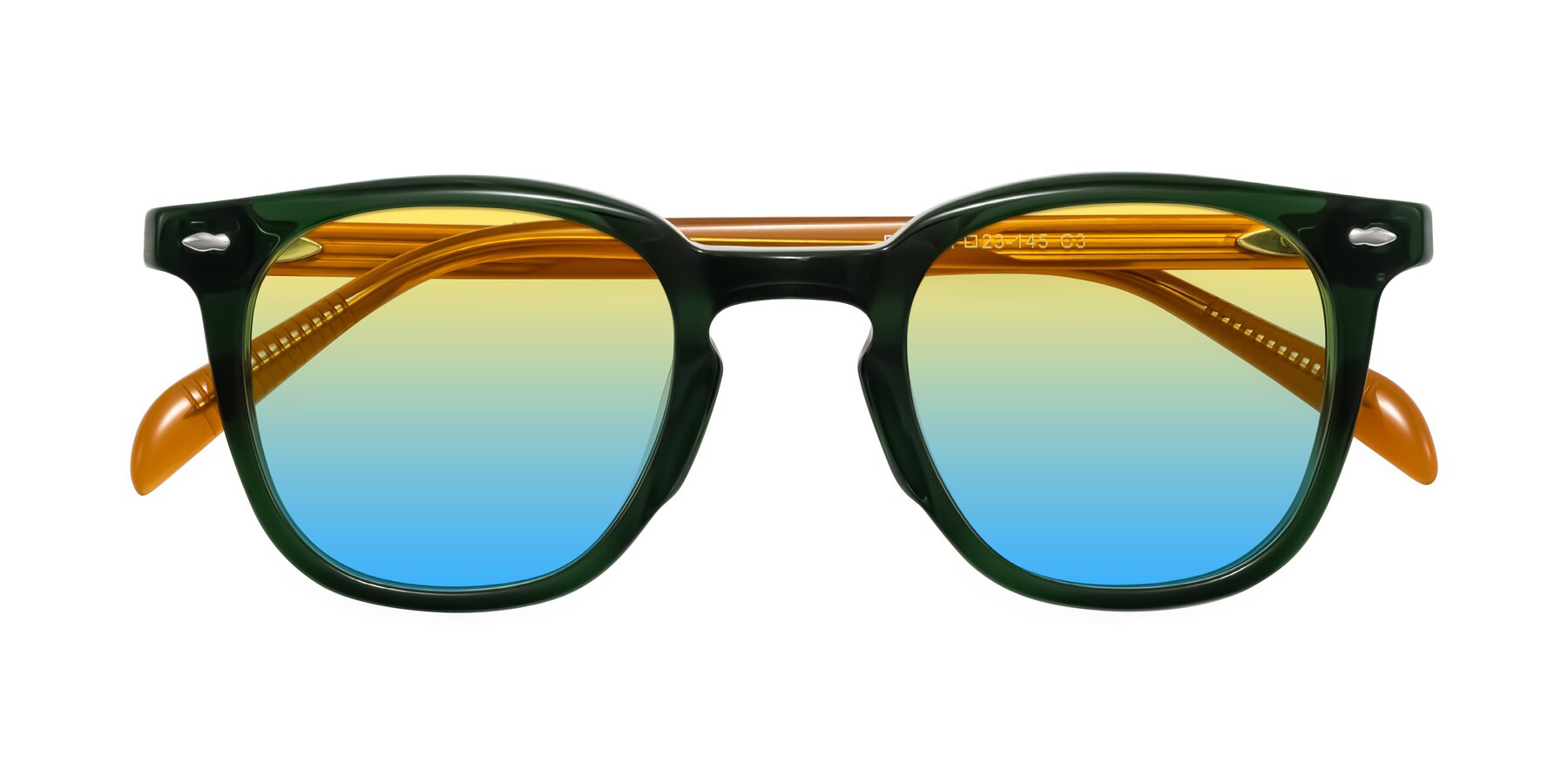 Folded Front of Palu in Emerald Green/Honey with Yellow / Blue Gradient Lenses