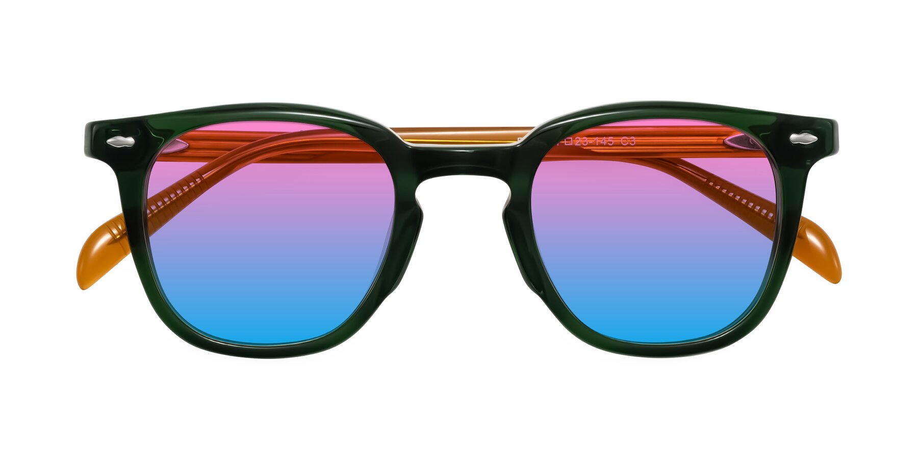 Folded Front of Palu in Emerald Green/Honey with Pink / Blue Gradient Lenses