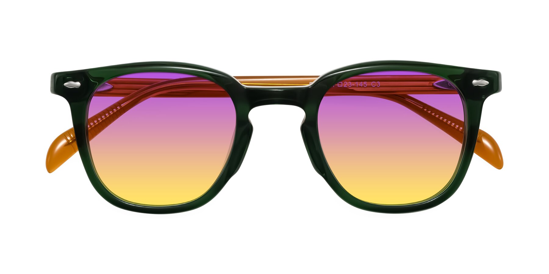 Folded Front of Palu in Emerald Green/Honey with Purple / Yellow Gradient Lenses