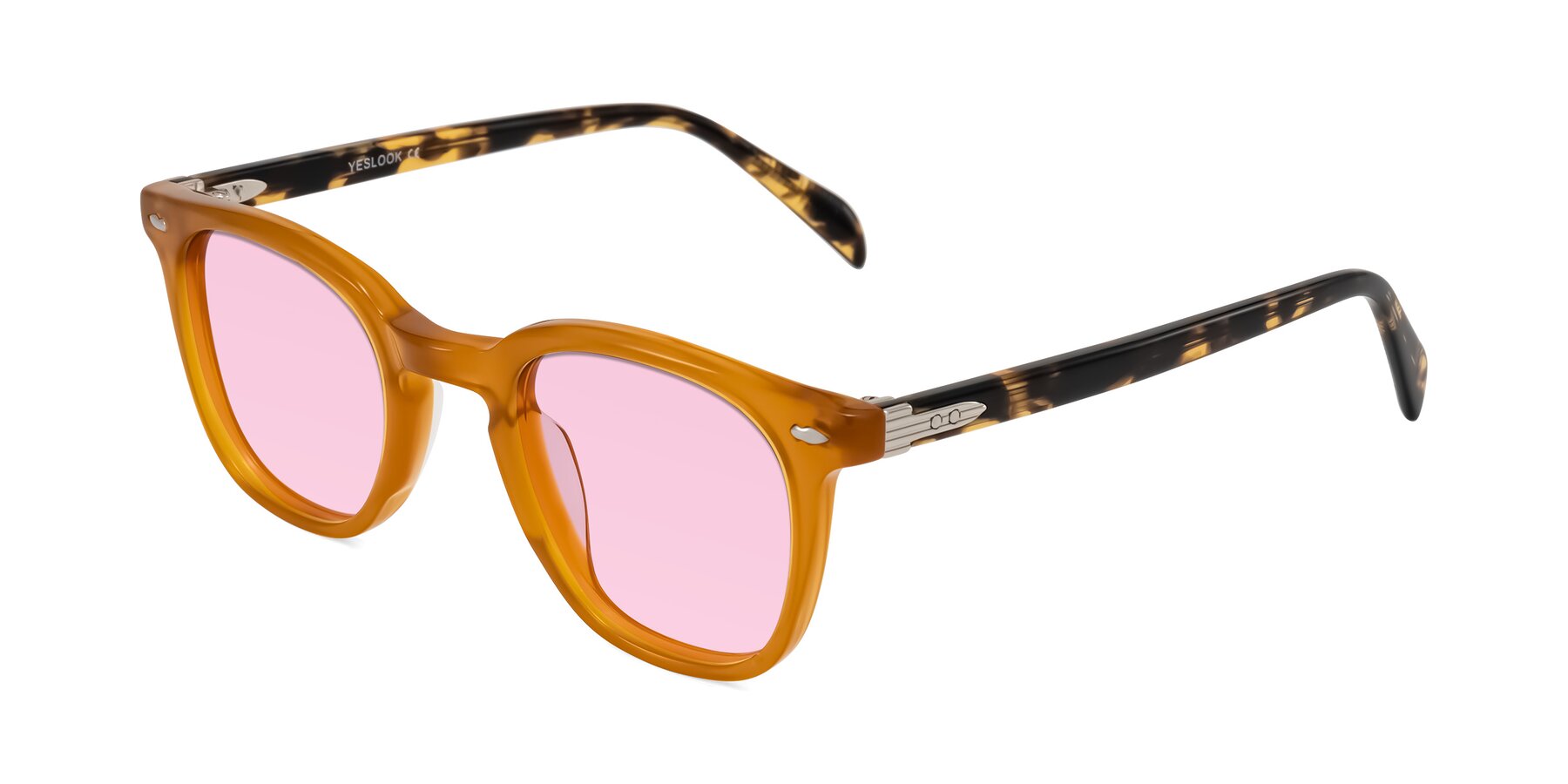 Angle of Palu in Honey/Tortoise with Light Pink Tinted Lenses