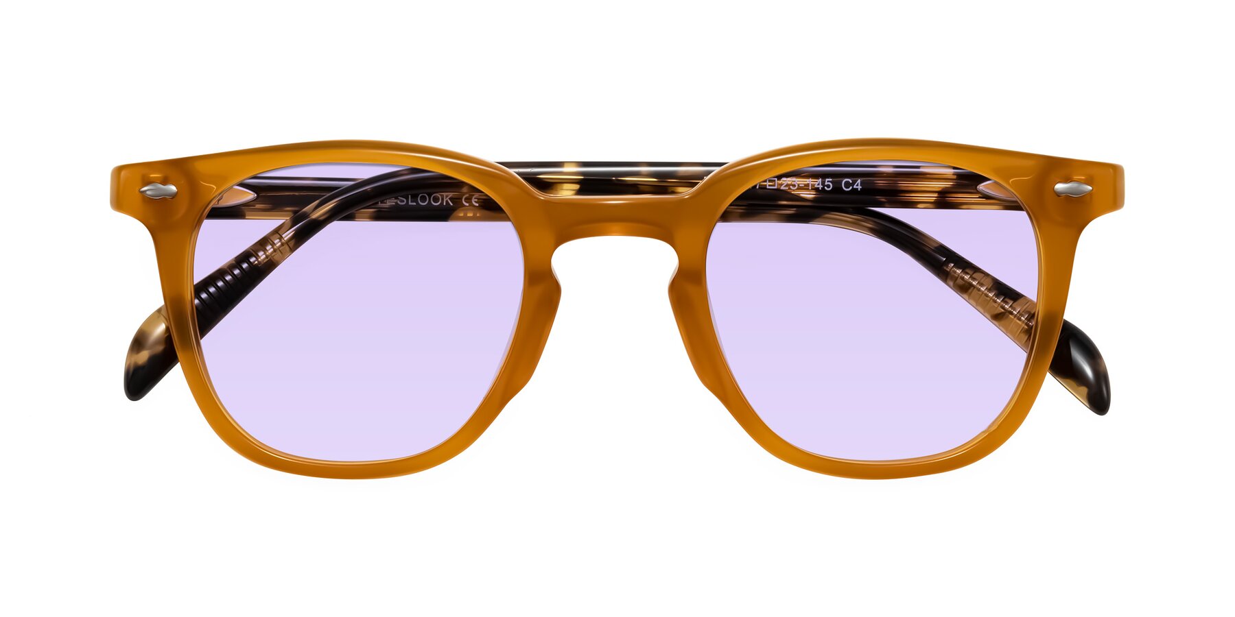 Folded Front of Palu in Honey/Tortoise with Light Purple Tinted Lenses
