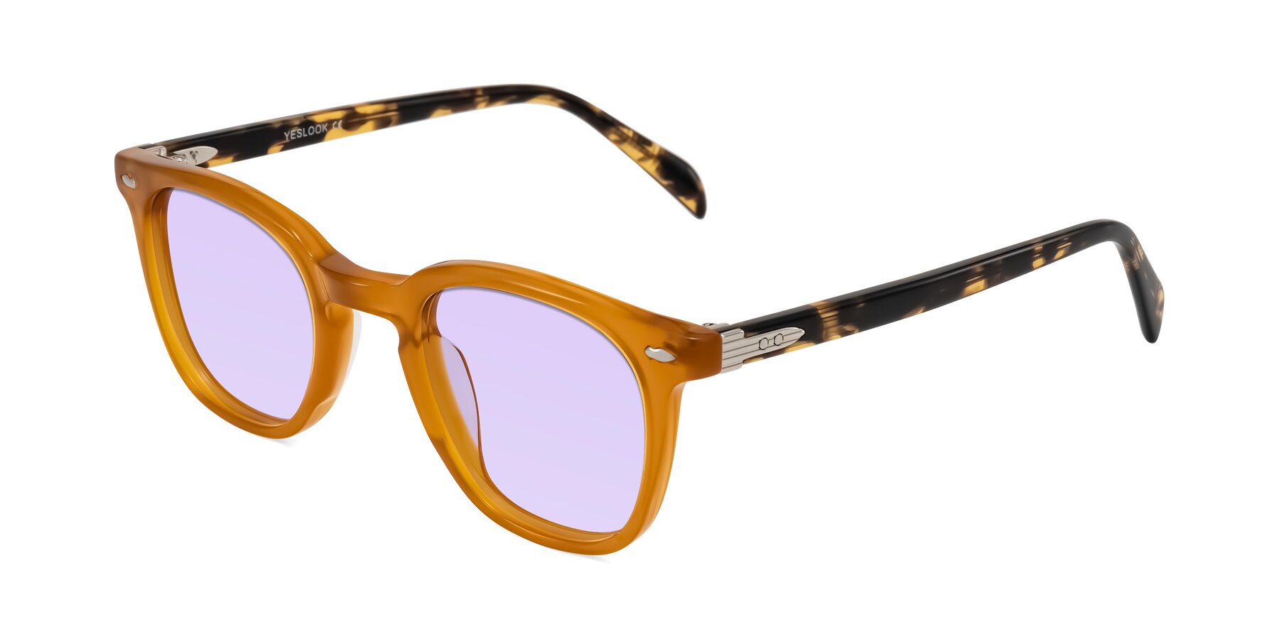 Angle of Palu in Honey/Tortoise with Light Purple Tinted Lenses