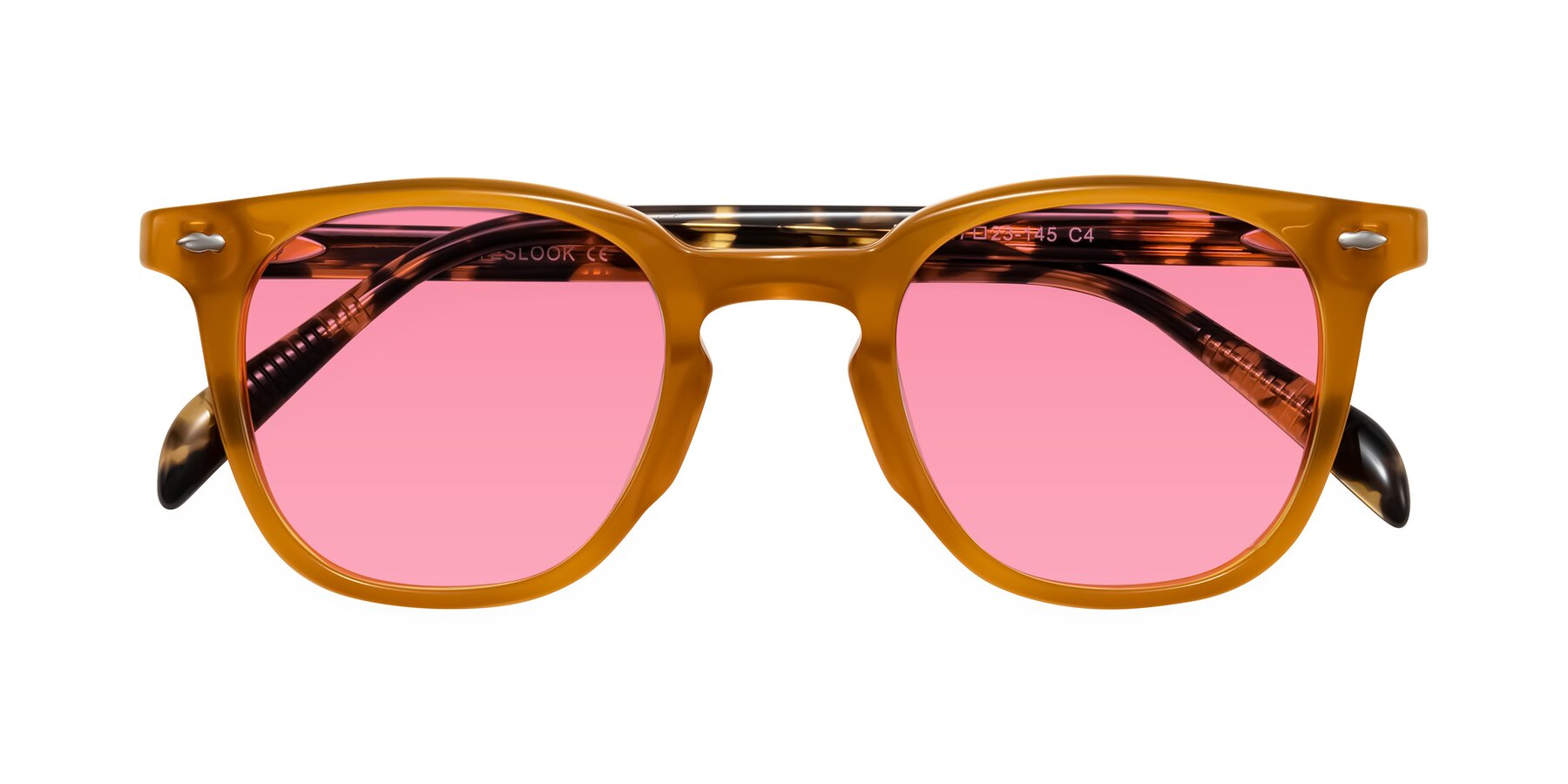 Folded Front of Palu in Honey/Tortoise with Pink Tinted Lenses