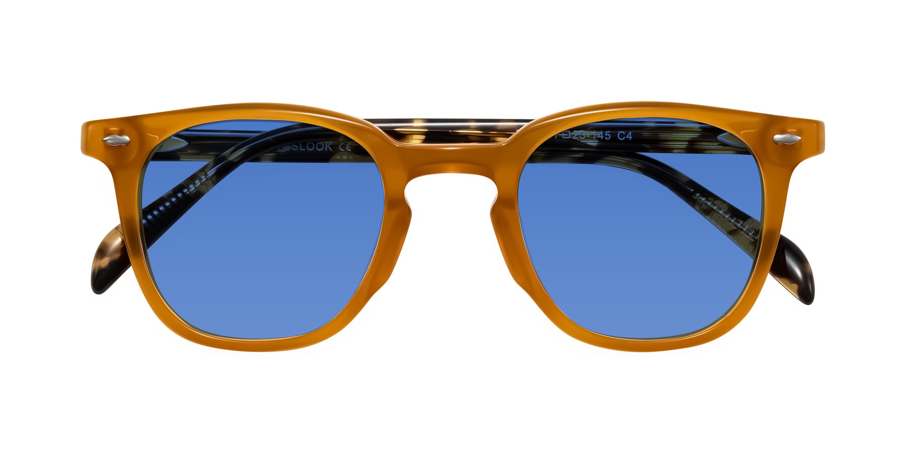 Folded Front of Palu in Honey/Tortoise with Blue Tinted Lenses