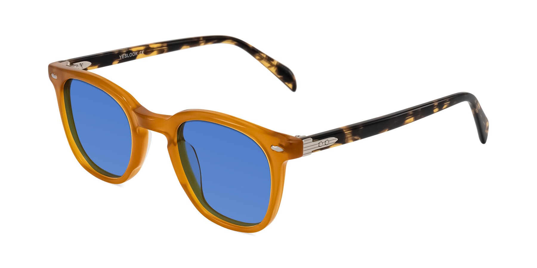 Angle of Palu in Honey/Tortoise with Blue Tinted Lenses