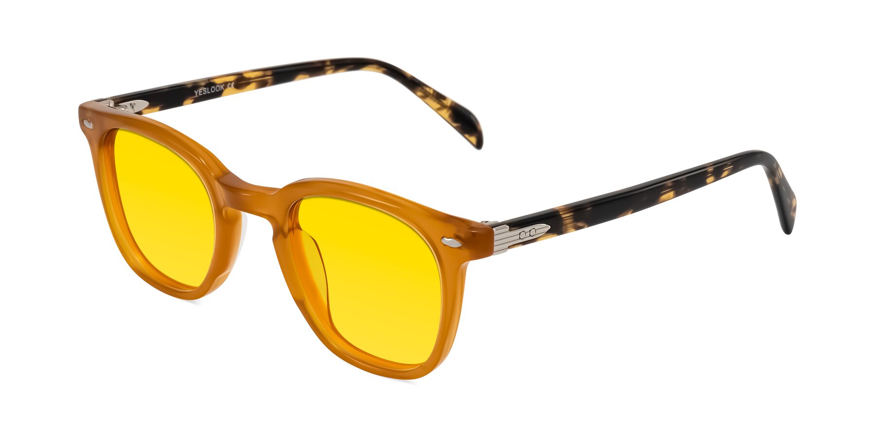 Angle of Palu in Honey/Tortoise with Yellow Tinted Lenses