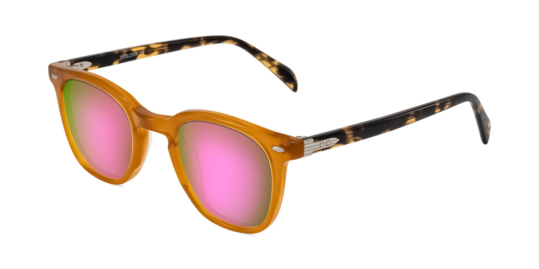 Angle of Palu in Honey/Tortoise with Pink Mirrored Lenses