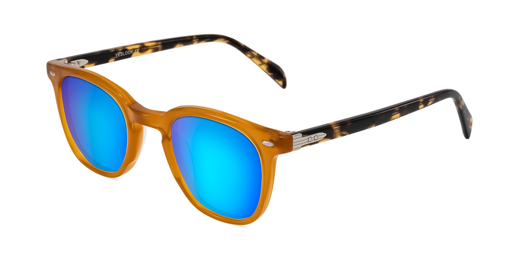 Angle of Palu in Honey/Tortoise with Blue Mirrored Lenses