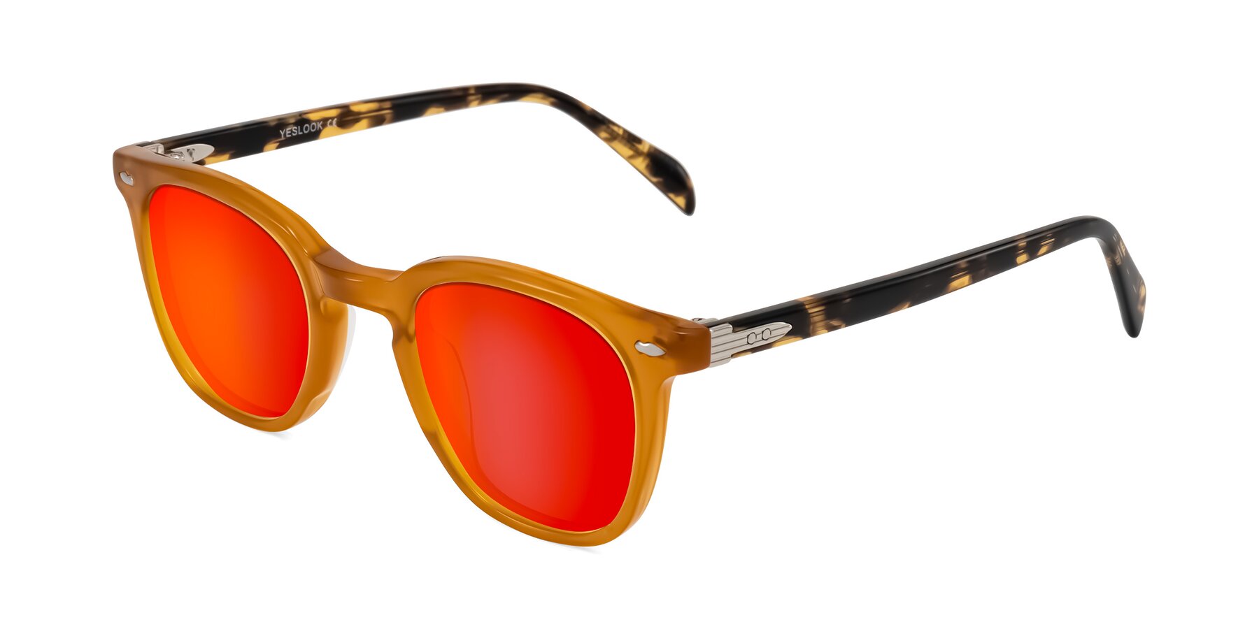 Angle of Palu in Honey/Tortoise with Red Gold Mirrored Lenses