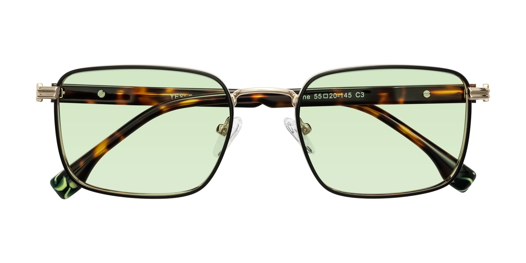 Folded Front of Rhine in Black/Gold/Tortoise with Light Green Tinted Lenses