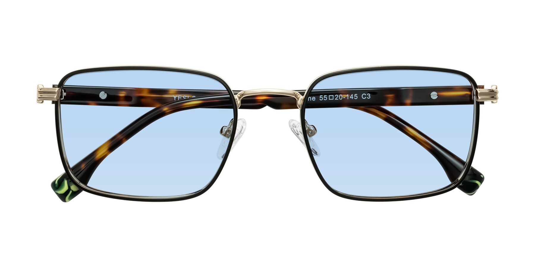 Folded Front of Rhine in Black/Gold/Tortoise with Light Blue Tinted Lenses