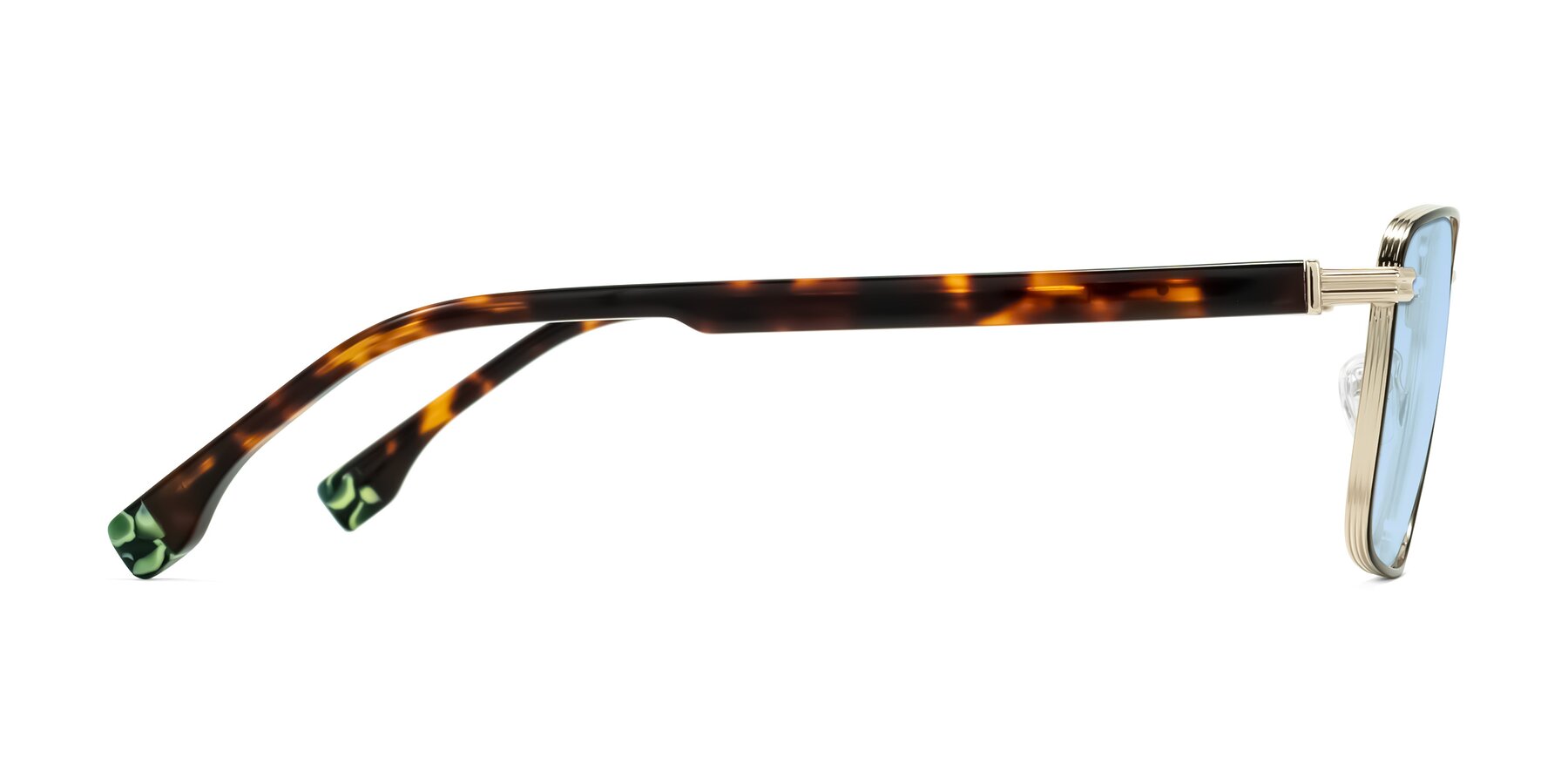 Side of Rhine in Black/Gold/Tortoise with Light Blue Tinted Lenses