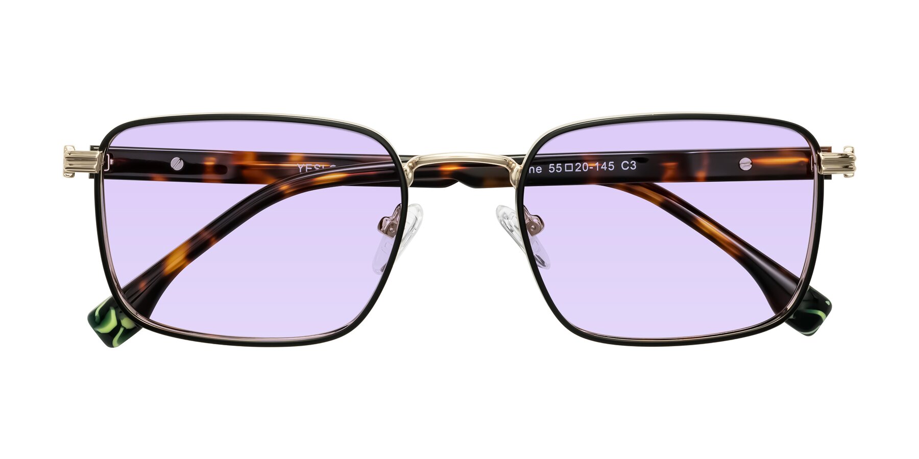 Folded Front of Rhine in Black/Gold/Tortoise with Light Purple Tinted Lenses