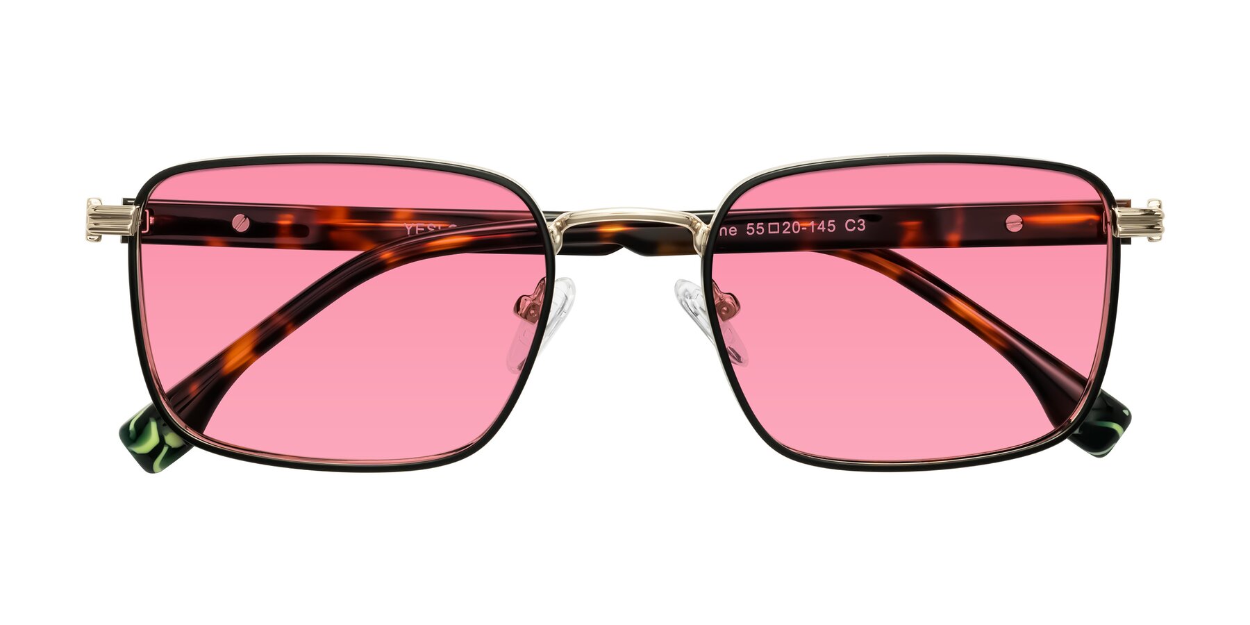 Folded Front of Rhine in Black/Gold/Tortoise with Pink Tinted Lenses