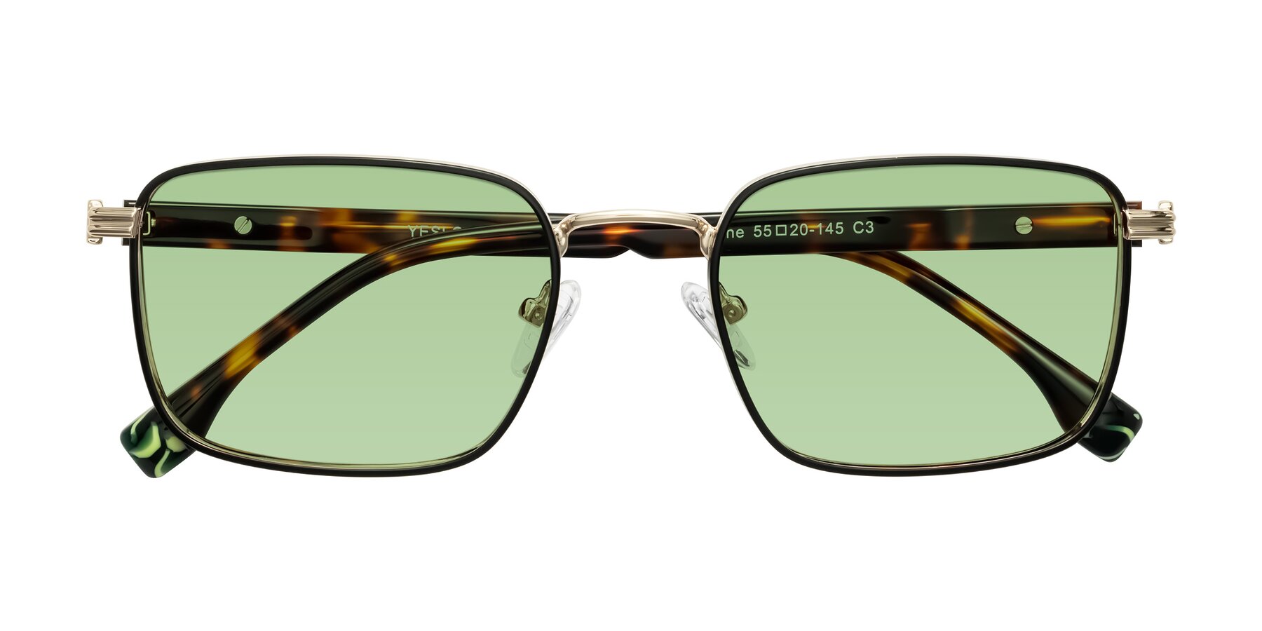 Folded Front of Rhine in Black/Gold/Tortoise with Medium Green Tinted Lenses