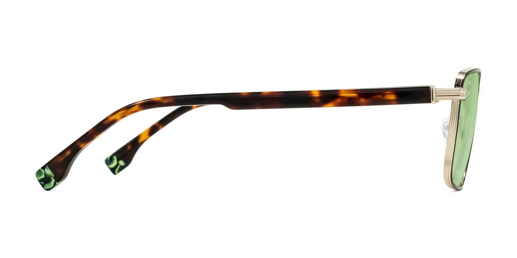Side of Rhine in Black/Gold/Tortoise with Medium Green Tinted Lenses