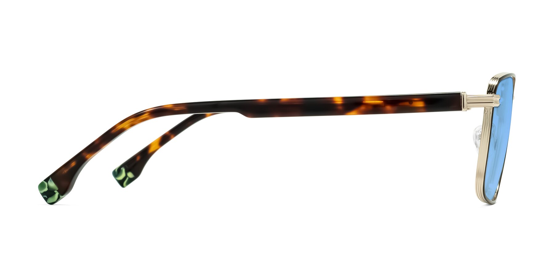 Side of Rhine in Black/Gold/Tortoise with Medium Blue Tinted Lenses