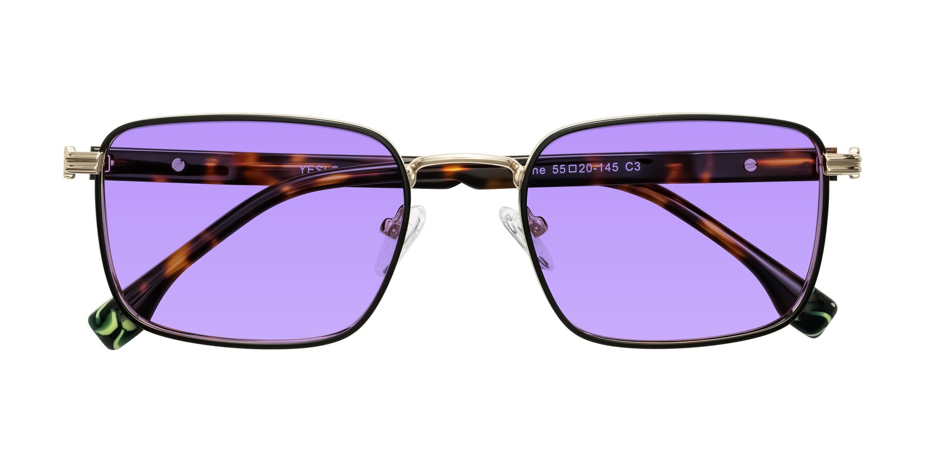 Folded Front of Rhine in Black/Gold/Tortoise with Medium Purple Tinted Lenses