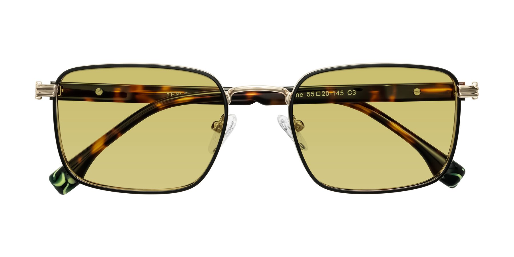 Folded Front of Rhine in Black/Gold/Tortoise with Medium Champagne Tinted Lenses