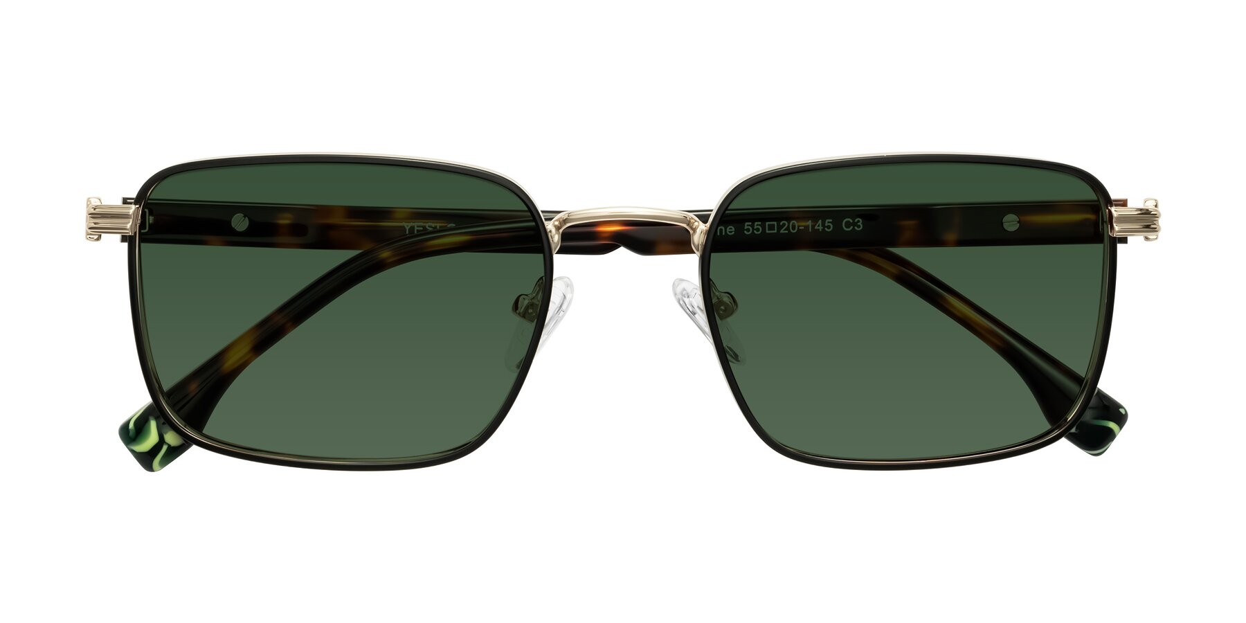 Folded Front of Rhine in Black/Gold/Tortoise with Green Tinted Lenses