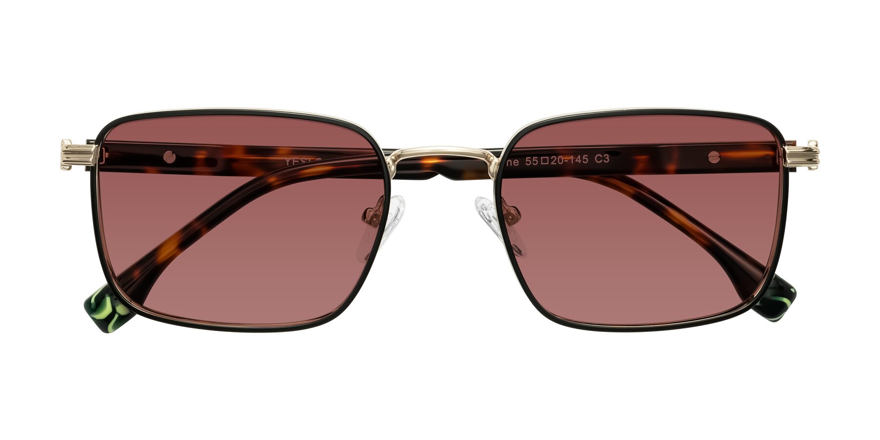 Folded Front of Rhine in Black/Gold/Tortoise with Garnet Tinted Lenses