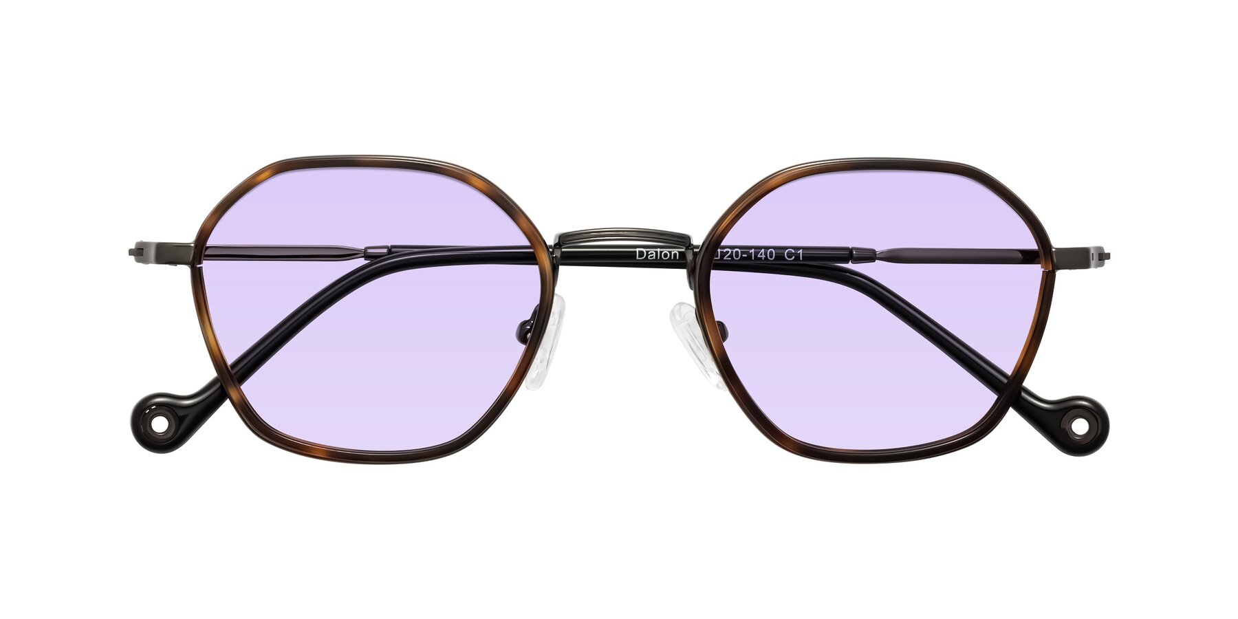Folded Front of Dalon in Tortoise/Gunmetal with Light Purple Tinted Lenses