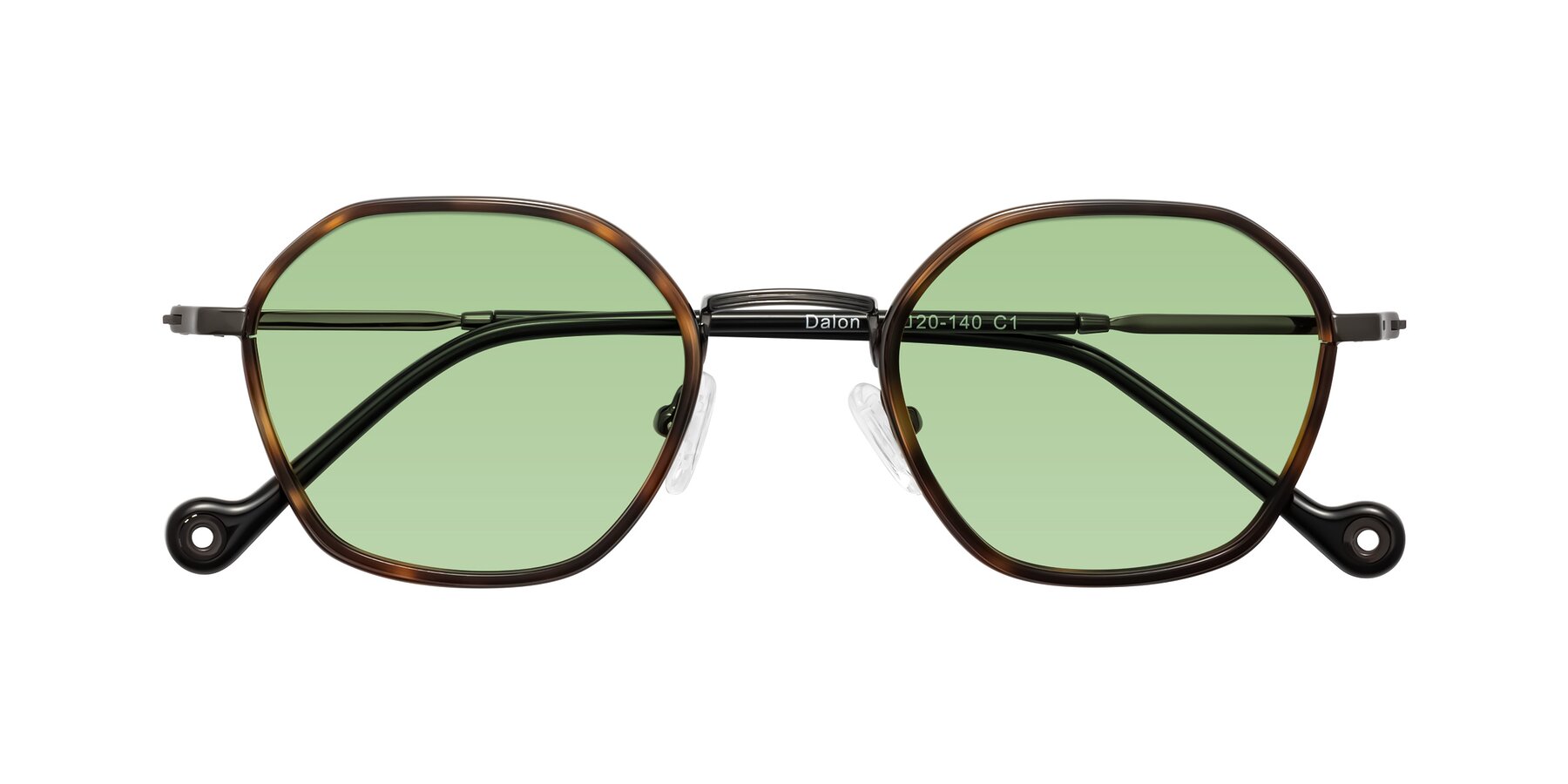 Folded Front of Dalon in Tortoise/Gunmetal with Medium Green Tinted Lenses