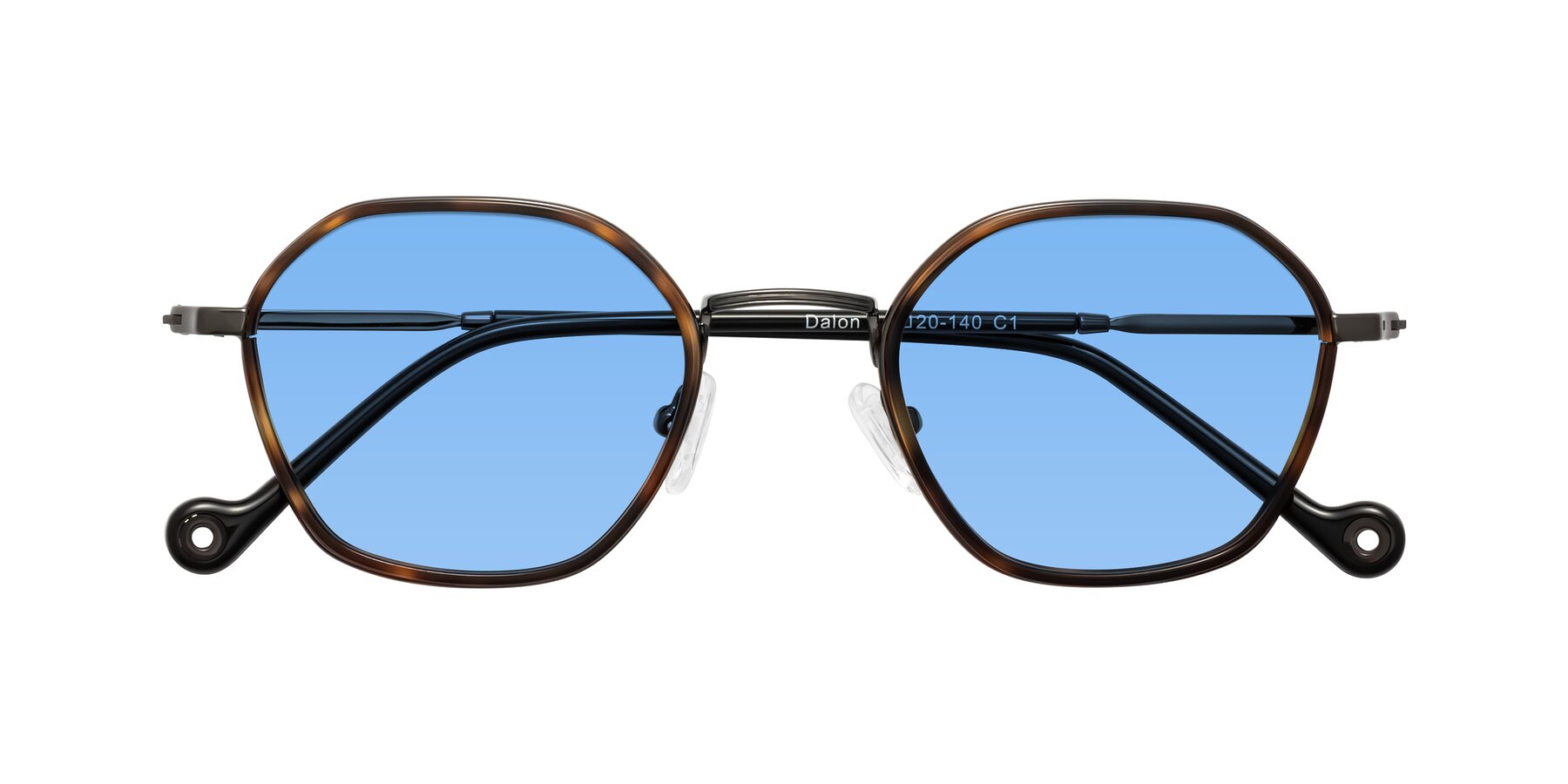 Folded Front of Dalon in Tortoise/Gunmetal with Medium Blue Tinted Lenses
