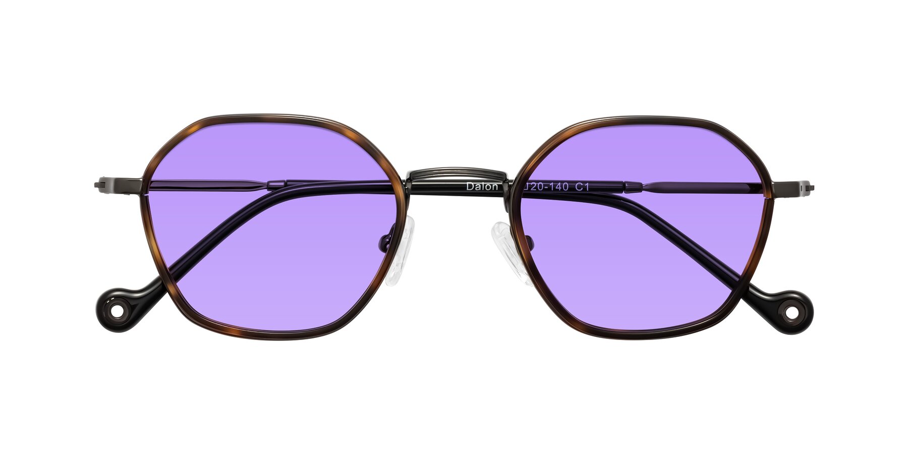 Folded Front of Dalon in Tortoise/Gunmetal with Medium Purple Tinted Lenses