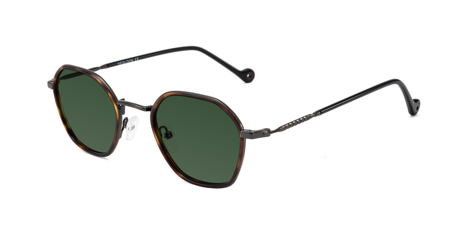 Angle of Dalon in Tortoise/Gunmetal with Green Tinted Lenses