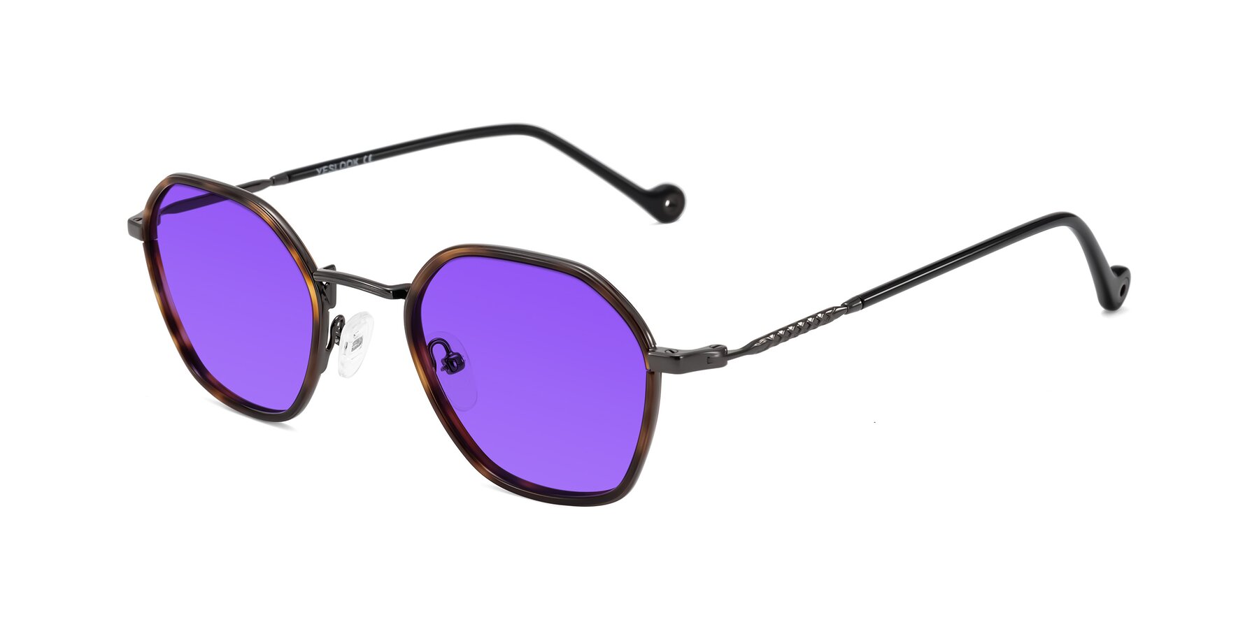 Angle of Dalon in Tortoise/Gunmetal with Purple Tinted Lenses