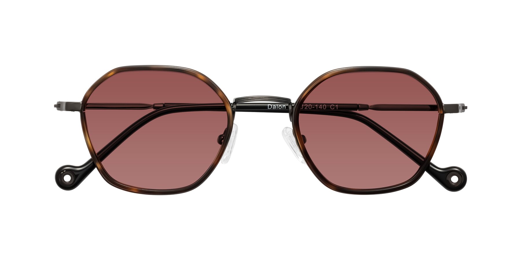 Folded Front of Dalon in Tortoise/Gunmetal with Garnet Tinted Lenses