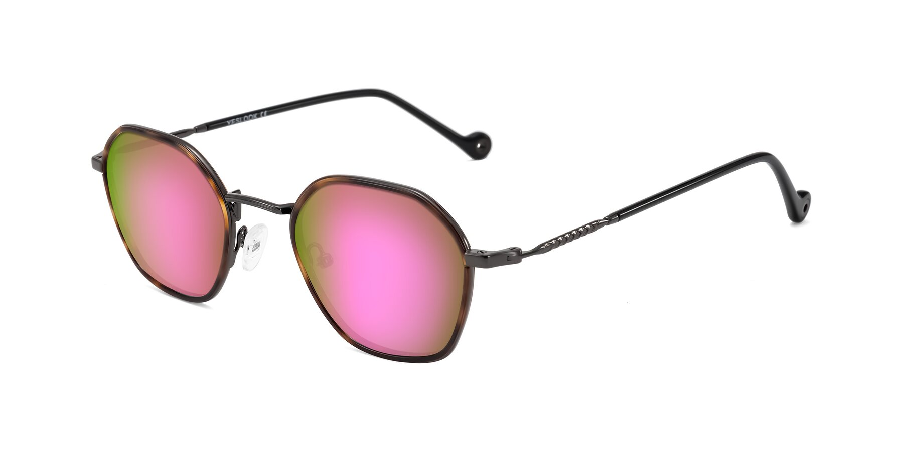 Angle of Dalon in Tortoise/Gunmetal with Pink Mirrored Lenses