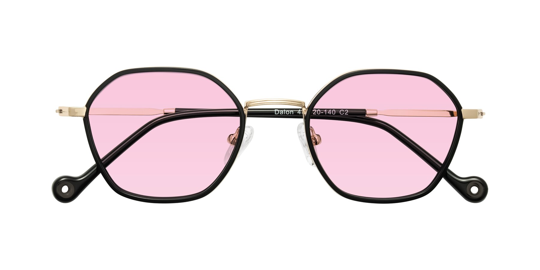 Folded Front of Dalon in Black/Gold with Light Pink Tinted Lenses