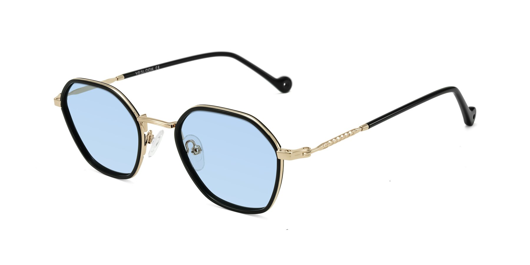 Angle of Dalon in Black/Gold with Light Blue Tinted Lenses