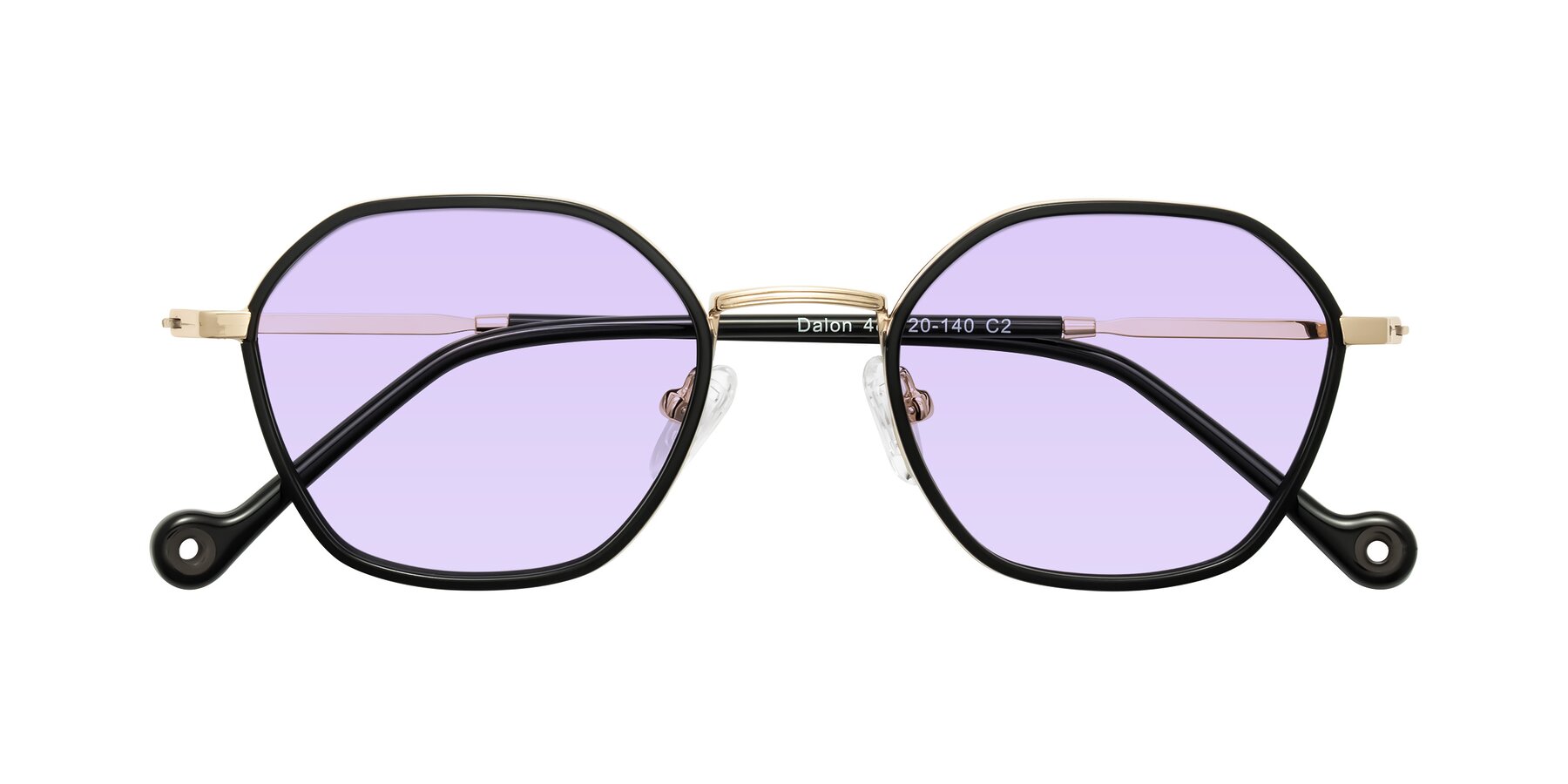 Folded Front of Dalon in Black/Gold with Light Purple Tinted Lenses
