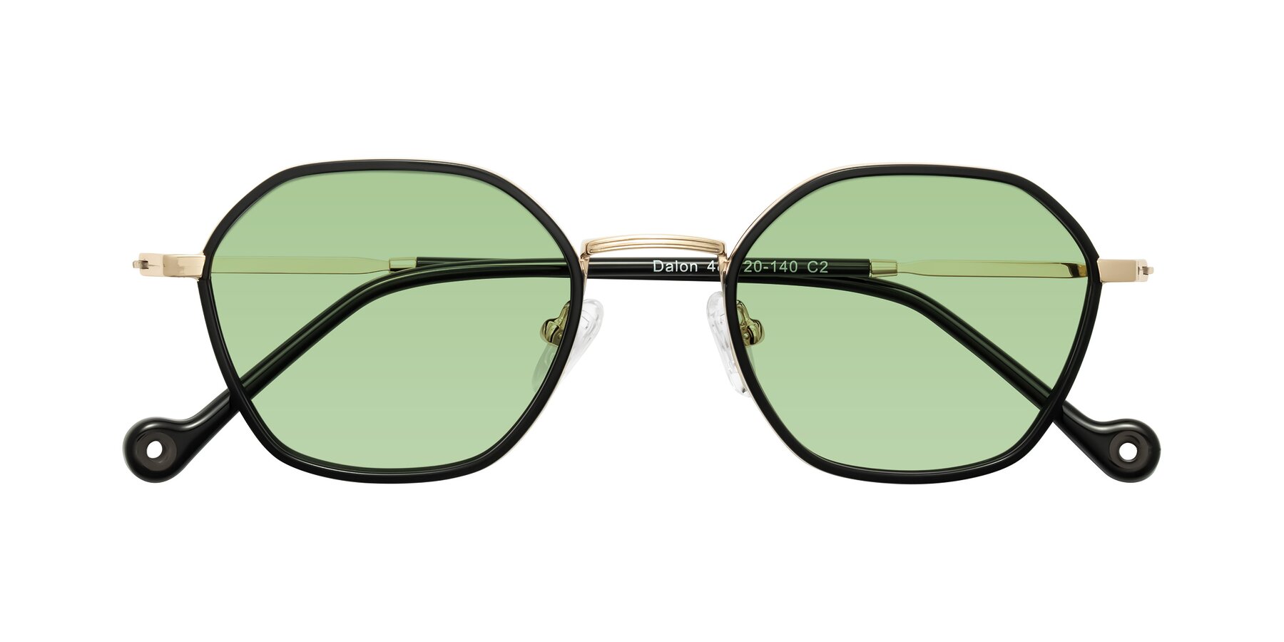 Folded Front of Dalon in Black/Gold with Medium Green Tinted Lenses