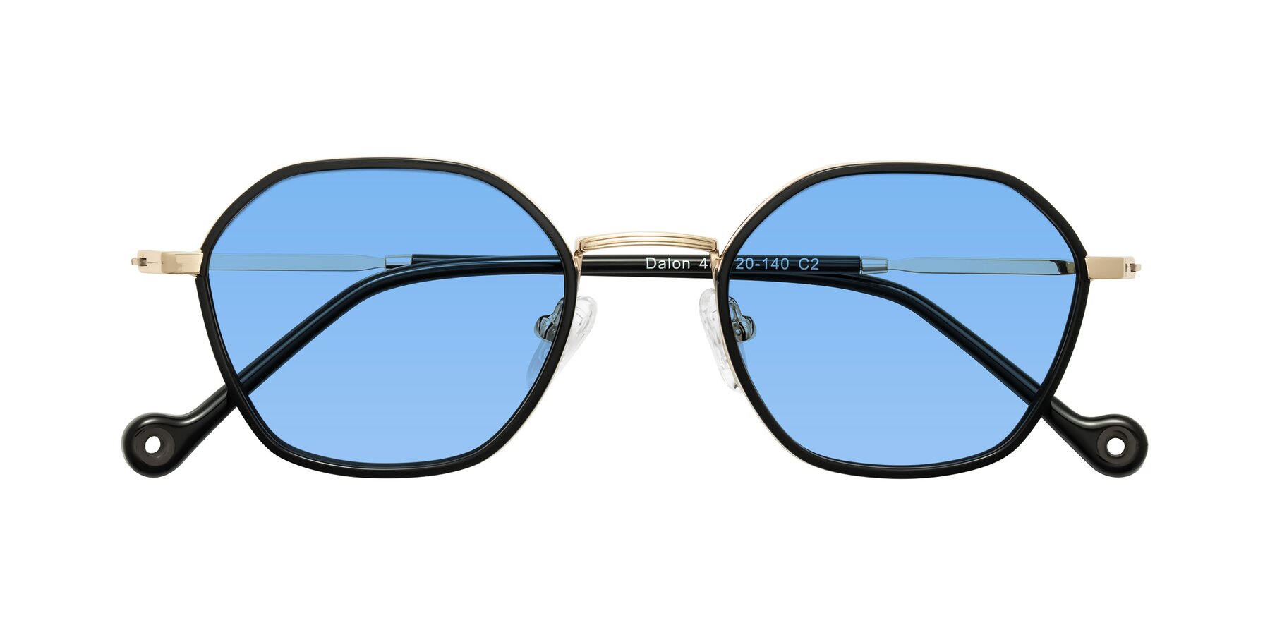 Folded Front of Dalon in Black/Gold with Medium Blue Tinted Lenses