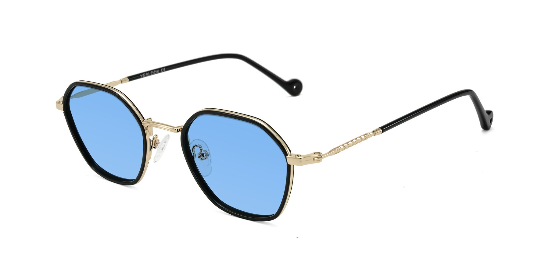 Angle of Dalon in Black/Gold with Medium Blue Tinted Lenses