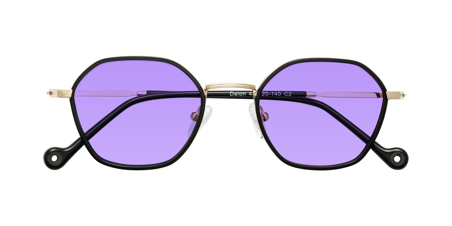 Folded Front of Dalon in Black/Gold with Medium Purple Tinted Lenses