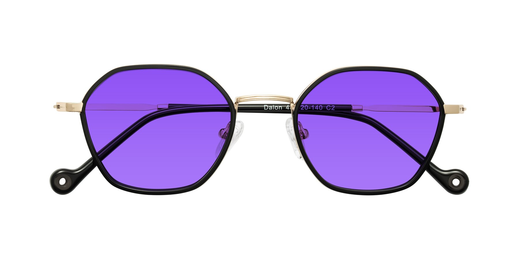 Folded Front of Dalon in Black/Gold with Purple Tinted Lenses