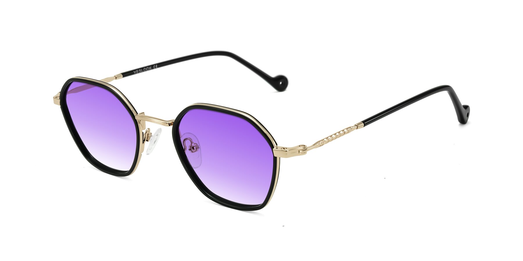 Angle of Dalon in Black/Gold with Purple Gradient Lenses