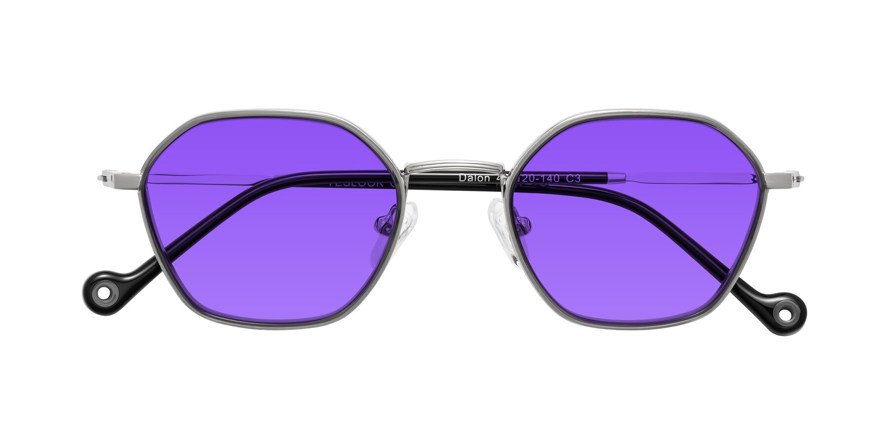 Folded Front of Dalon in Gray/Silver with Purple Tinted Lenses