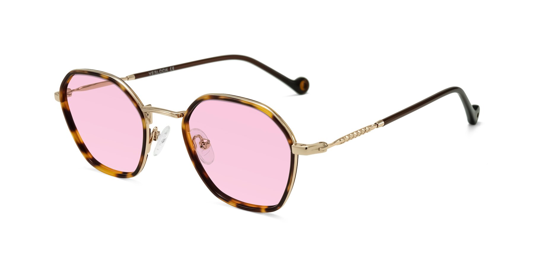 Angle of Dalon in Leopard-Print/Gold with Light Pink Tinted Lenses