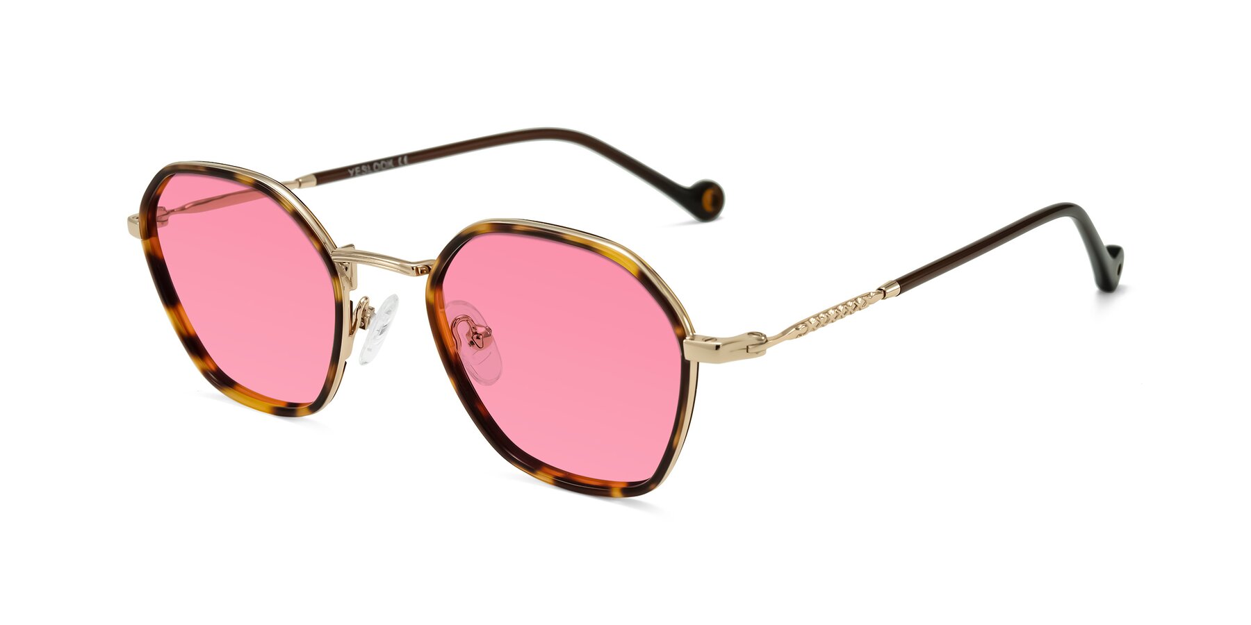 Angle of Dalon in Leopard-Print/Gold with Pink Tinted Lenses