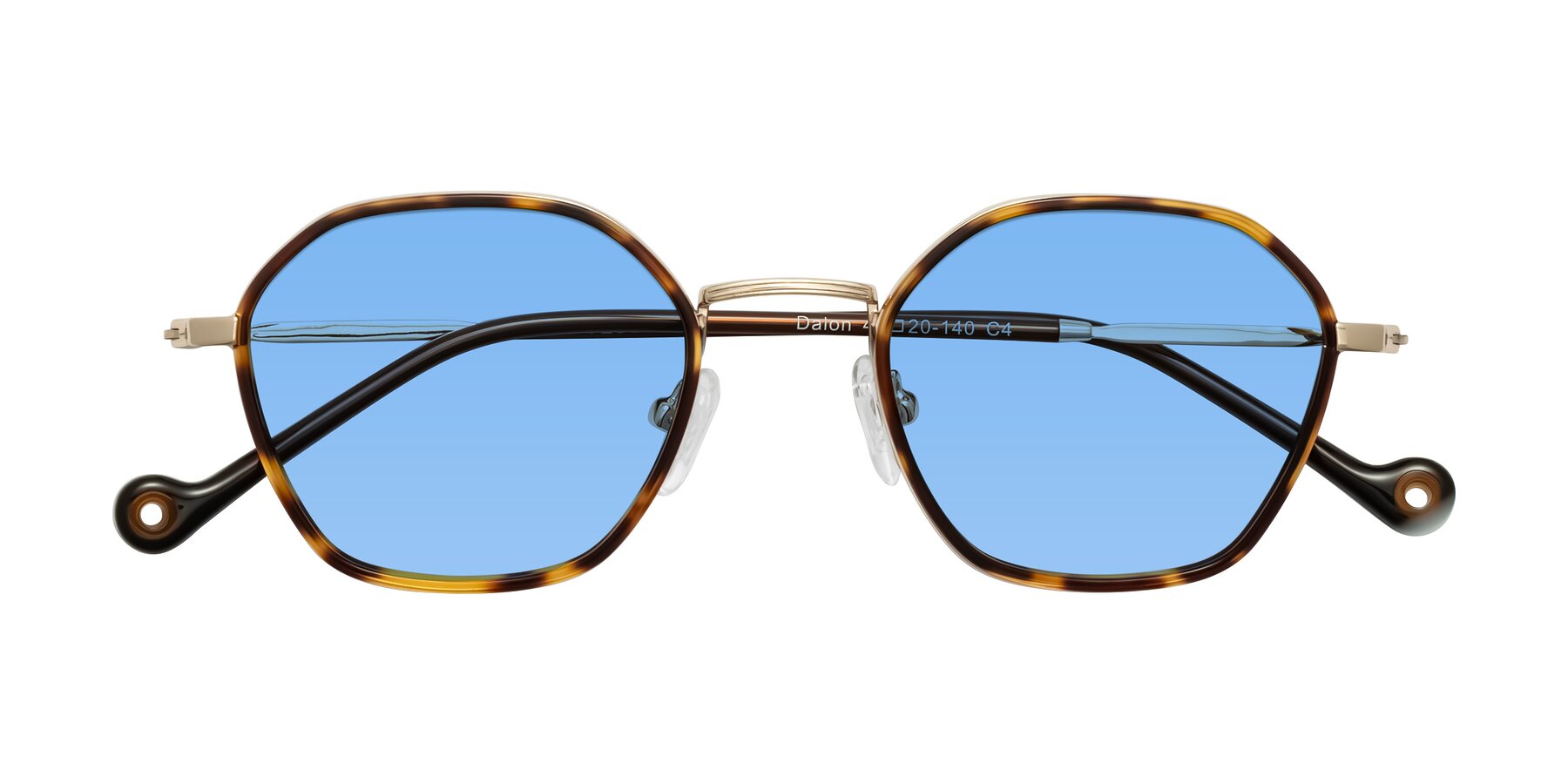 Folded Front of Dalon in Leopard-Print/Gold with Medium Blue Tinted Lenses