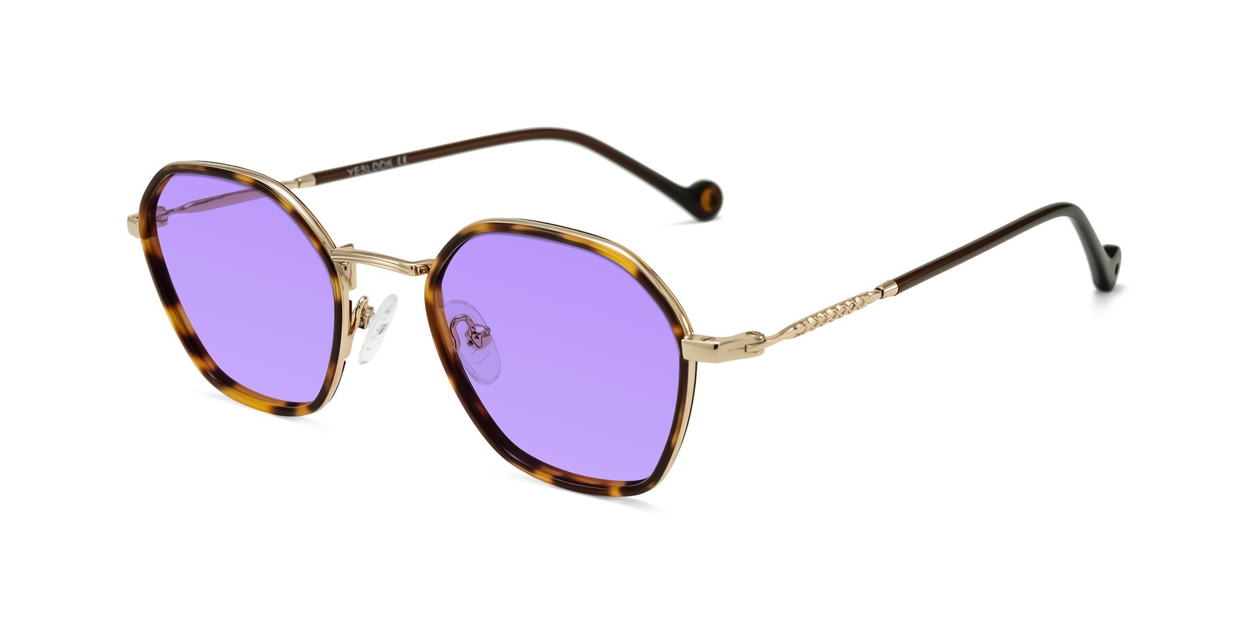 Angle of Dalon in Leopard-Print/Gold with Medium Purple Tinted Lenses