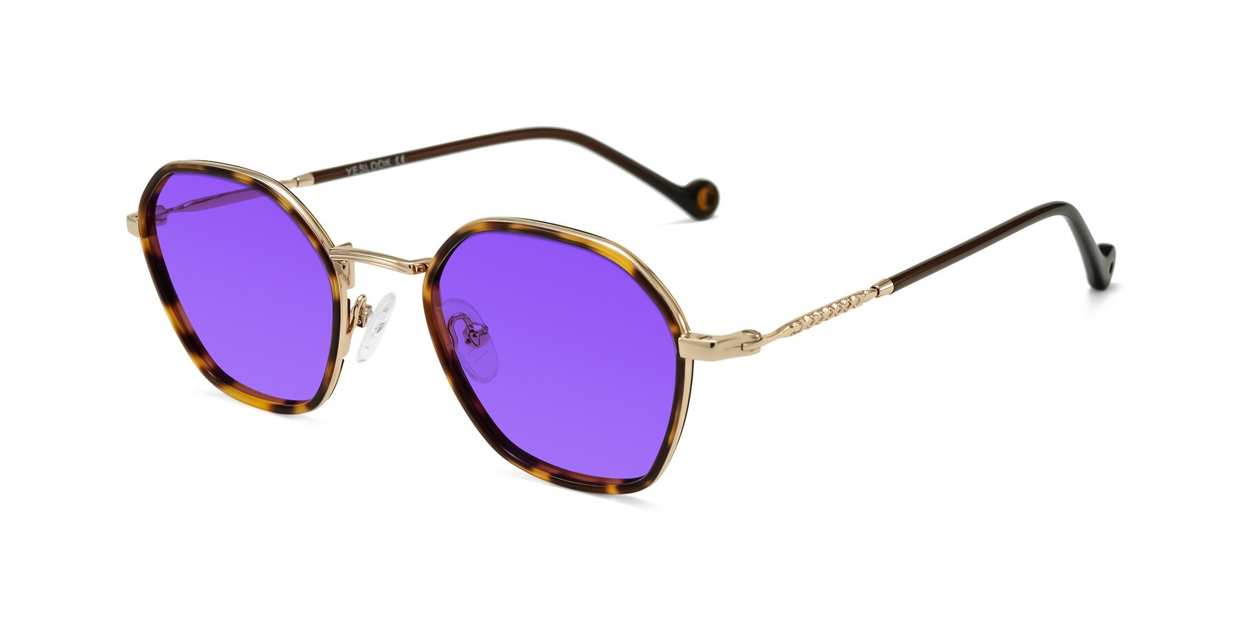 Angle of Dalon in Leopard-Print/Gold with Purple Tinted Lenses