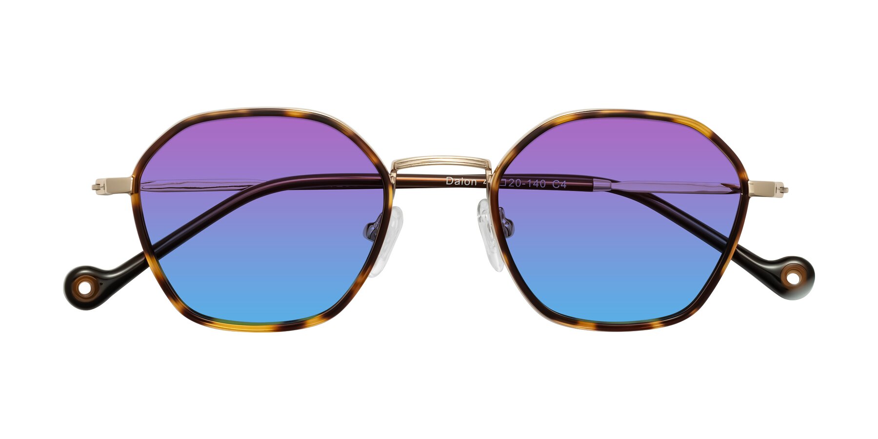 Folded Front of Dalon in Leopard-Print/Gold with Purple / Blue Gradient Lenses